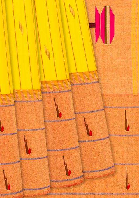 Yellow Handloom Paithani Silk Saree With Stripes Buttas Yellow With Buttas And Brocade Design For Women