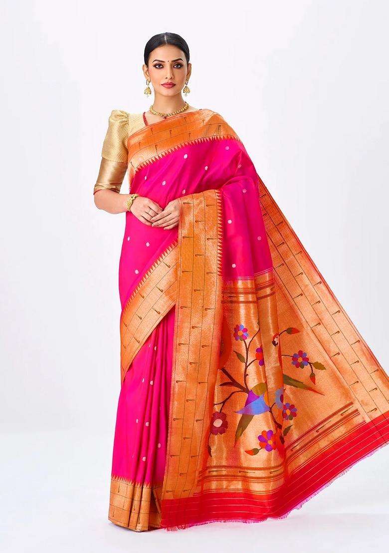 Hot Pink Handloom Paithani Silk Saree With Zari Coin Buttas Red With Buttas And Brocade Design For Women - Indya