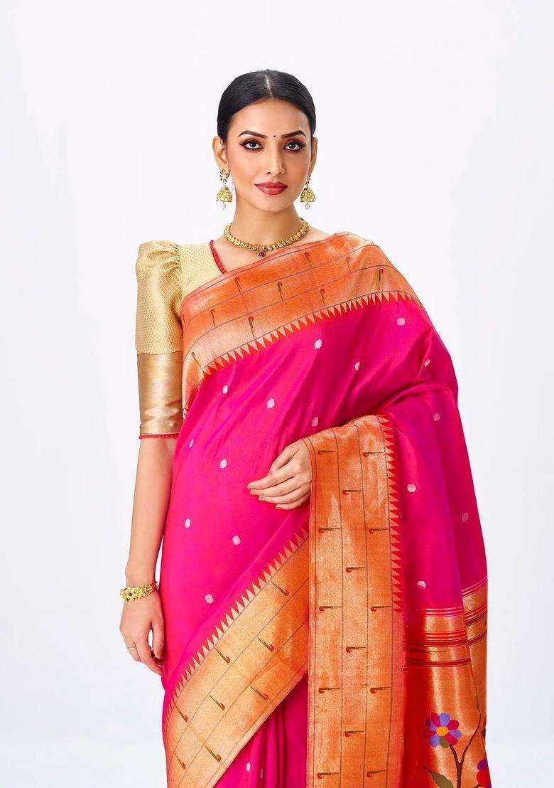 Hot Pink Handloom Paithani Silk Saree With Zari Coin Buttas Red With Buttas And Brocade Design For Women - Indya
