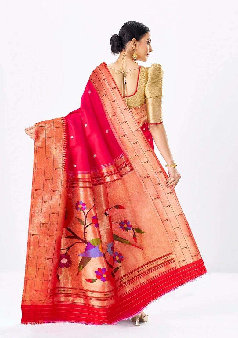Hot Pink Handloom Paithani Silk Saree With Zari Coin Buttas Red With Buttas And Brocade Design For Women - Indya