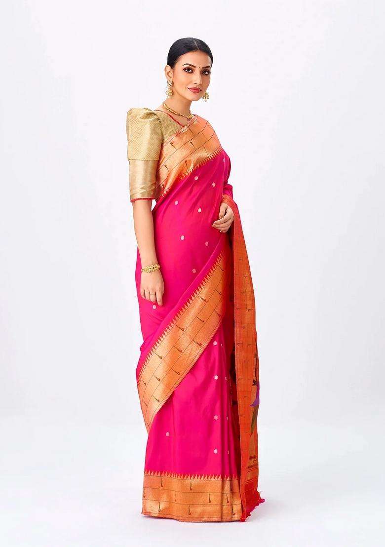 Hot Pink Handloom Paithani Silk Saree With Zari Coin Buttas Red With Buttas And Brocade Design For Women - Indya