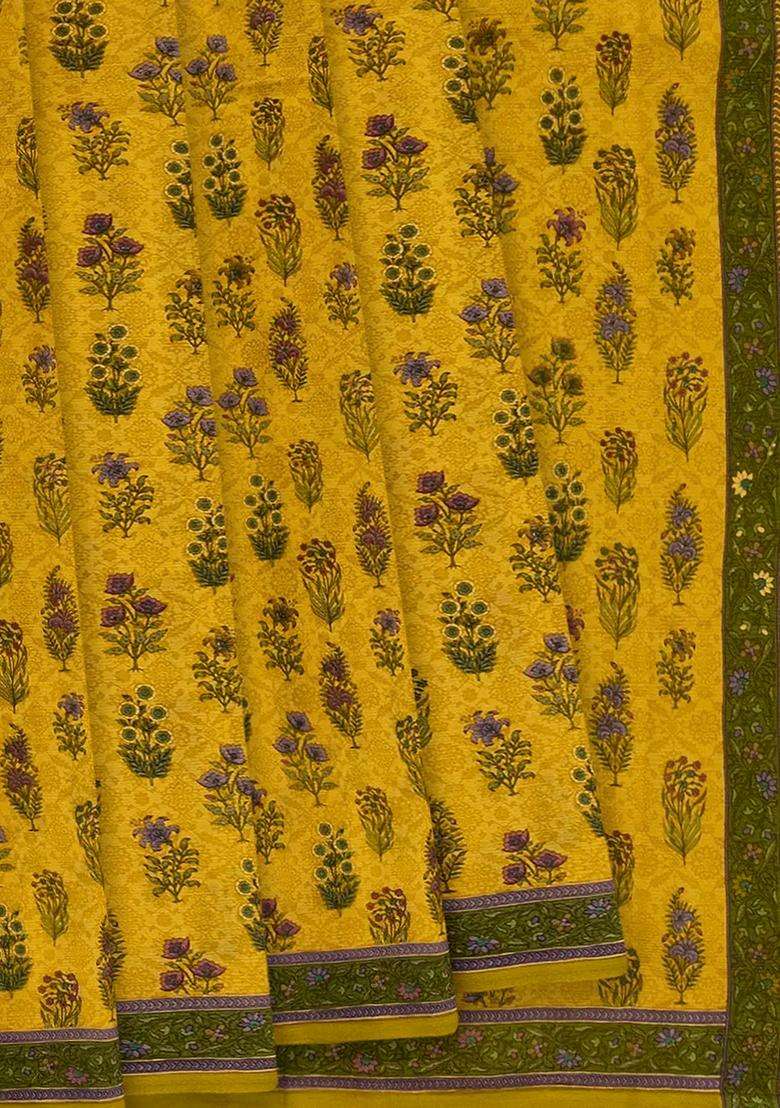Gold Chiffon Printed Silk Saree With Floral Motifs Gold For Women - Indya
