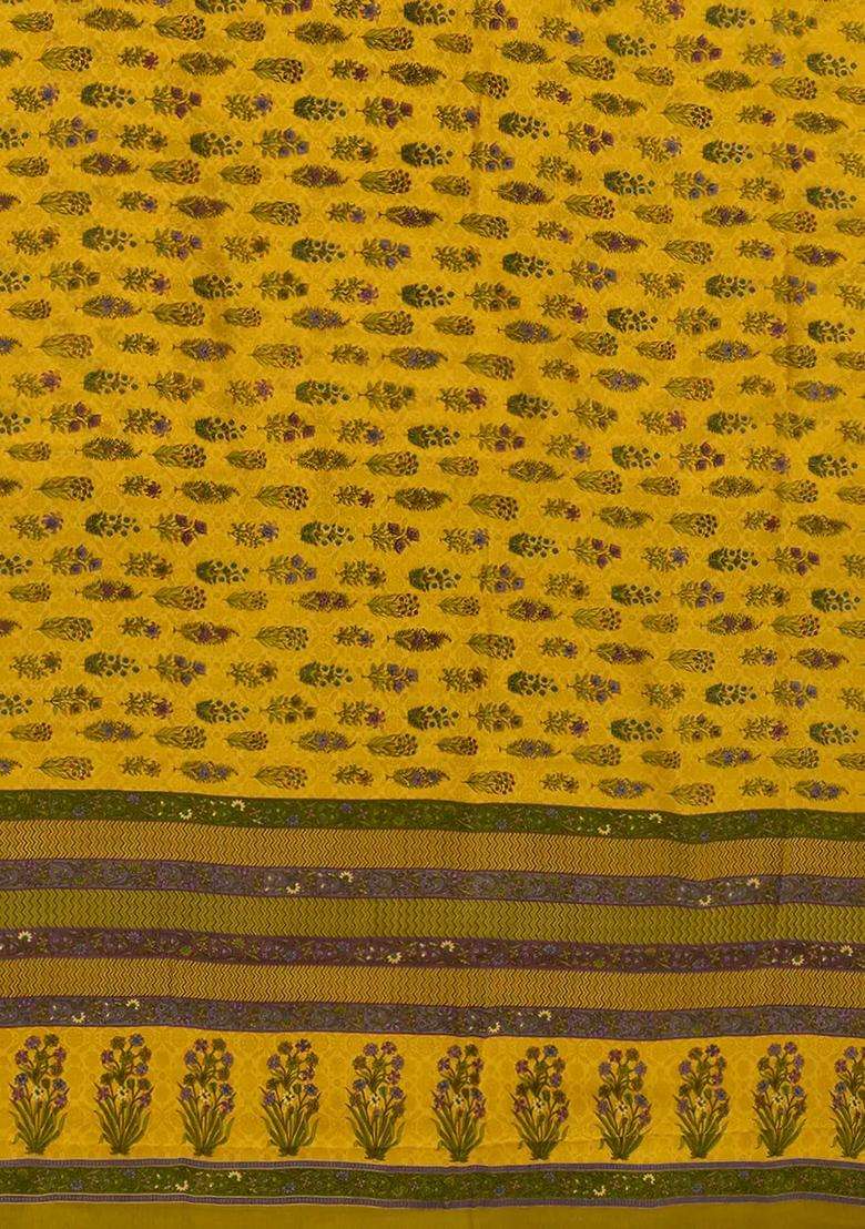 Gold Chiffon Printed Silk Saree With Floral Motifs Gold For Women - Indya