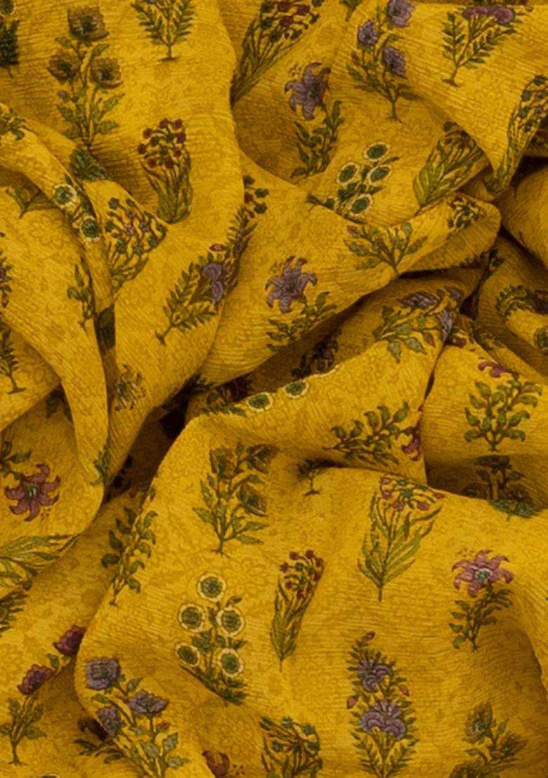 Gold Chiffon Printed Silk Saree With Floral Motifs Gold For Women - Indya