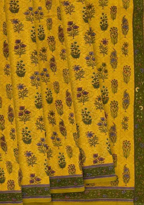 Gold Chiffon Printed Silk Saree With Floral Motifs Gold For Women