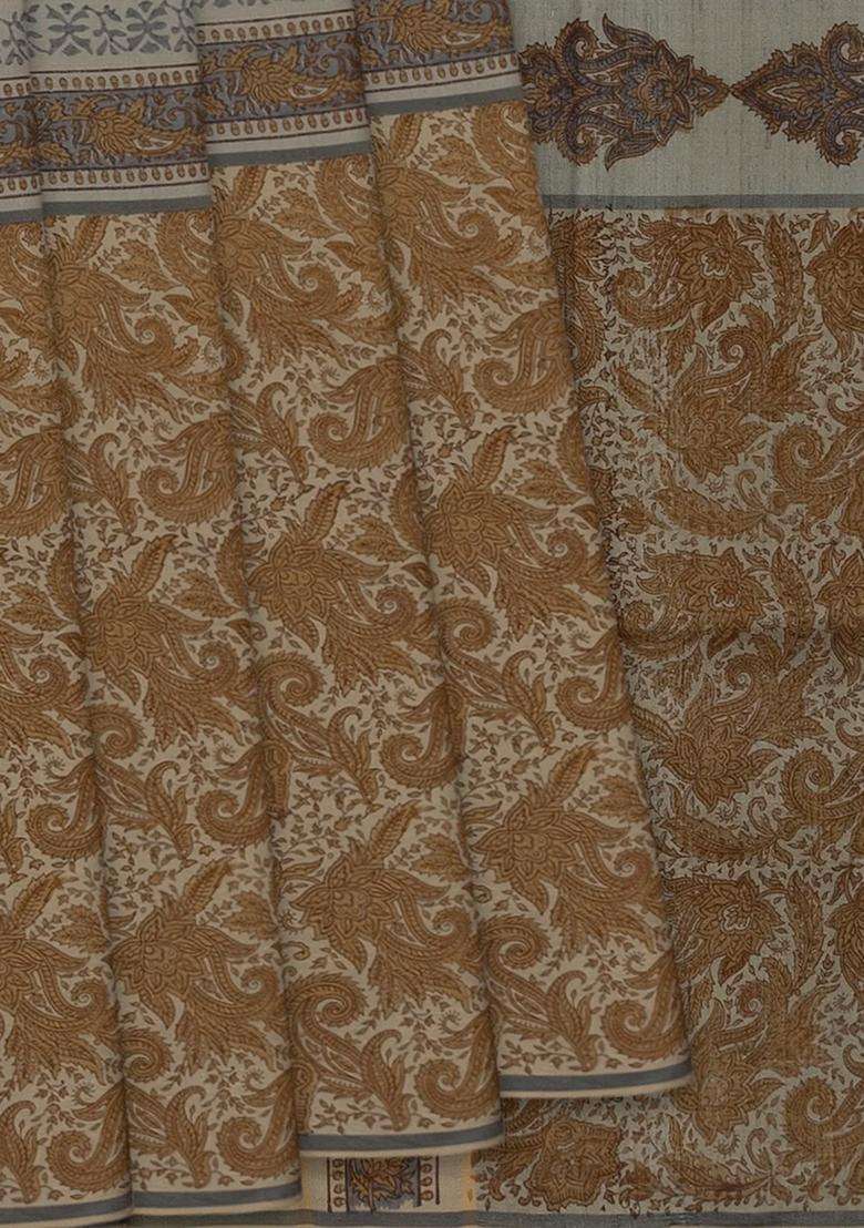Grey Printed Half Half Silk Saree With Floral Motifs Grey For Women - Indya