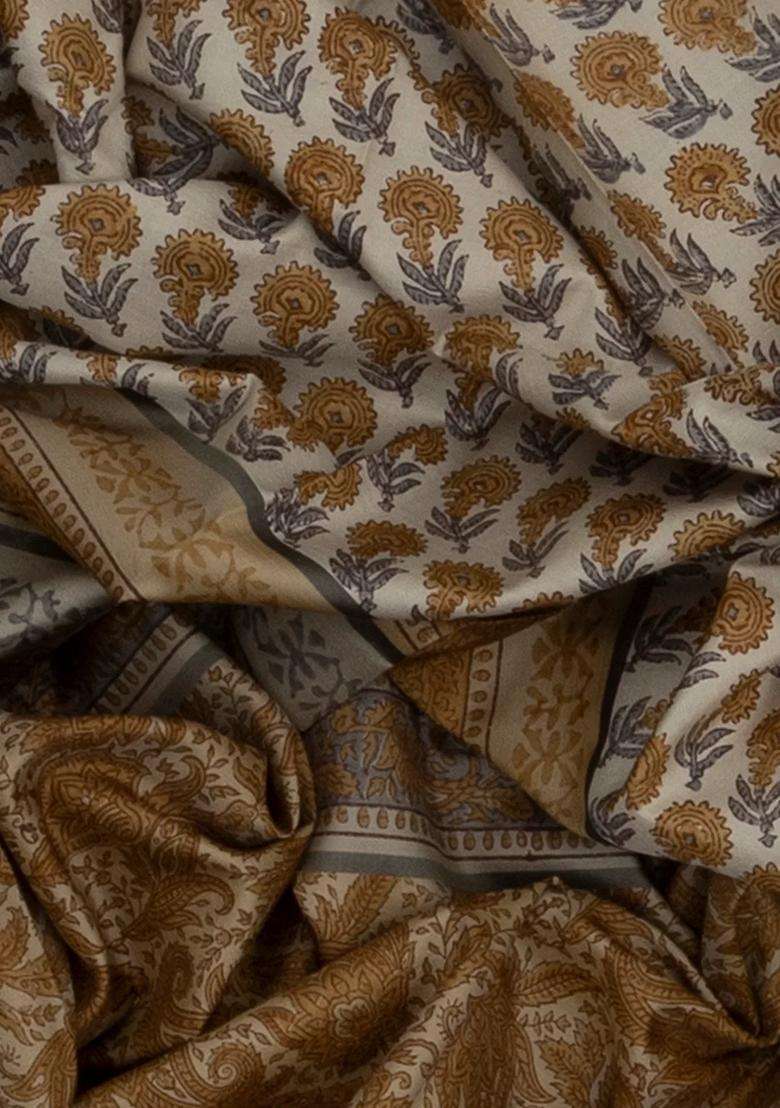 Grey Printed Half Half Silk Saree With Floral Motifs Grey For Women - Indya