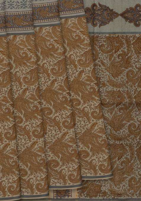 Grey Printed Half Half Silk Saree With Floral Motifs Grey For Women