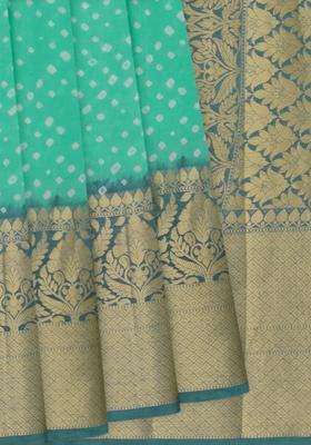Turquoise Printed Chiniya Silk Saree With Floral Motifs In Border Turquoise For Women