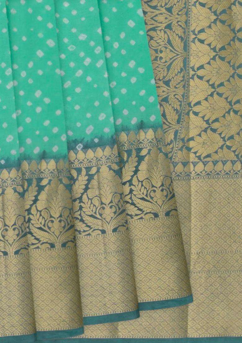 Turquoise Printed Chiniya Silk Saree With Floral Motifs In Border Turquoise For Women - Indya
