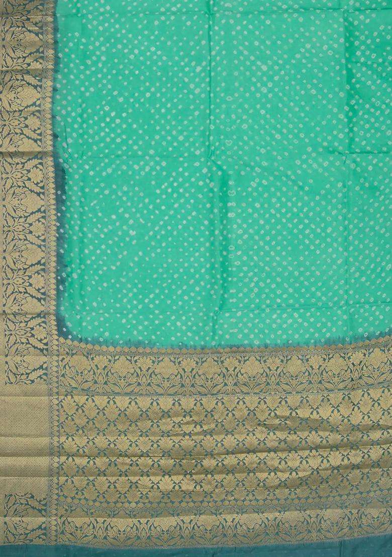 Turquoise Printed Chiniya Silk Saree With Floral Motifs In Border Turquoise For Women - Indya