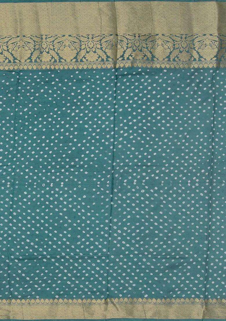 Turquoise Printed Chiniya Silk Saree With Floral Motifs In Border Turquoise For Women - Indya