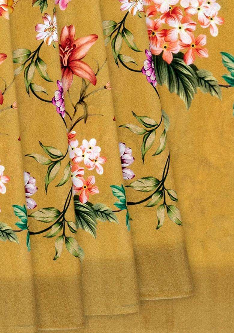 Sage Green Printed Crepe Silk Saree With Rose Floral Motifs Prints Sage Green For Women - Indya