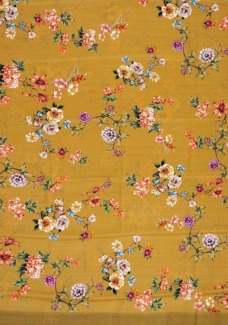 Sage Green Printed Crepe Silk Saree With Rose Floral Motifs Prints Sage Green For Women - Indya
