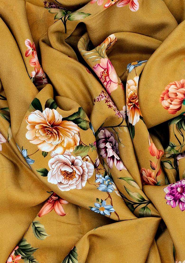 Sage Green Printed Crepe Silk Saree With Rose Floral Motifs Prints Sage Green For Women - Indya