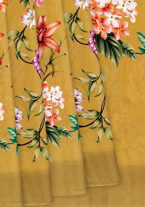 Sage Green Printed Crepe Silk Saree With Rose Floral Motifs Prints Sage Green For Women