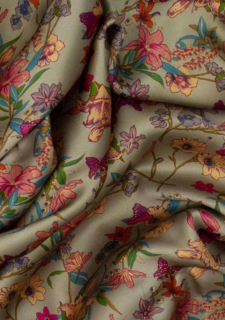 Taupe Handwoven Satin Silk Saree With Printed Floral Motifs Taupe For Women - Indya