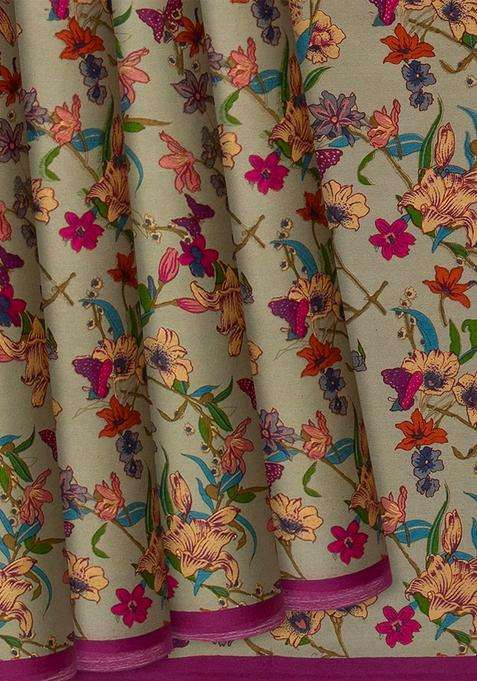 Taupe Handwoven Satin Silk Saree With Printed Floral Motifs Taupe For Women