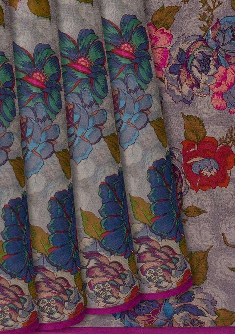Grey Woven Chiffon Silk Saree With Printed Floral Motifs Grey For Women - Indya