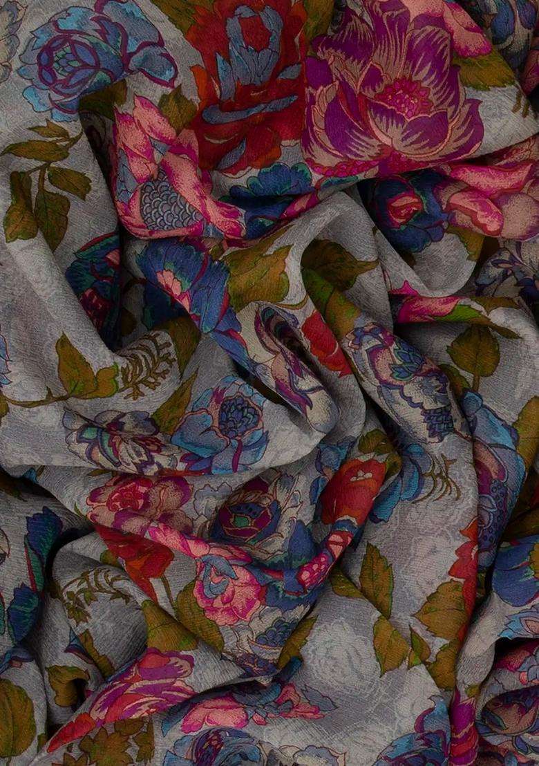 Grey Woven Chiffon Silk Saree With Printed Floral Motifs Grey For Women - Indya