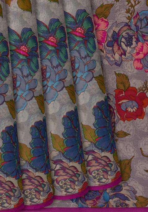 Grey Woven Chiffon Silk Saree With Printed Floral Motifs Grey For Women