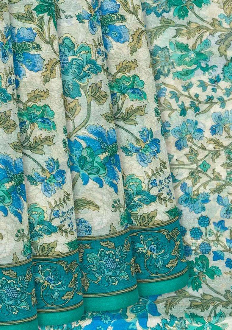 Off White Woven Chiffon Silk Saree With Printed Floral Motifs Off White For Women - Indya