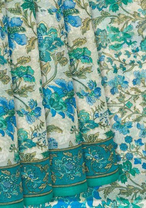 Off White Woven Chiffon Silk Saree With Printed Floral Motifs Off White For Women