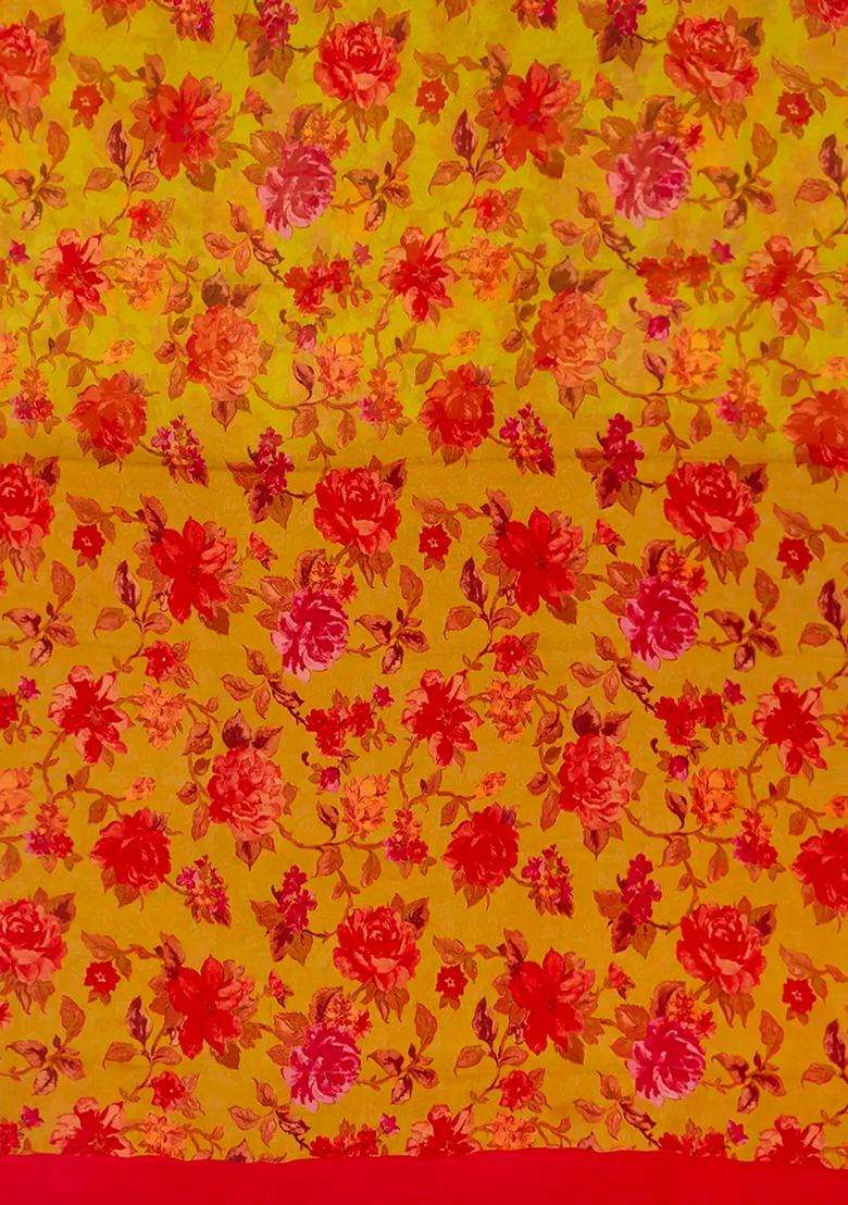 Mustard Woven Chiffon Silk Saree With Printed Floral Motifs Mustard For Women - Indya