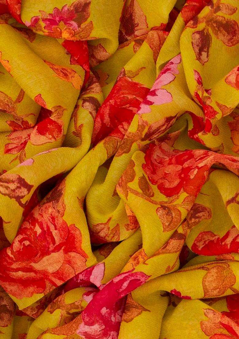 Mustard Woven Chiffon Silk Saree With Printed Floral Motifs Mustard For Women - Indya