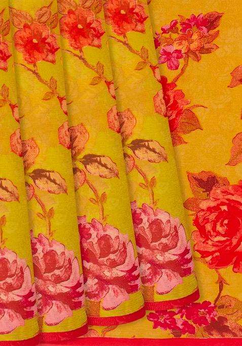 Mustard Woven Chiffon Silk Saree With Printed Floral Motifs Mustard For Women
