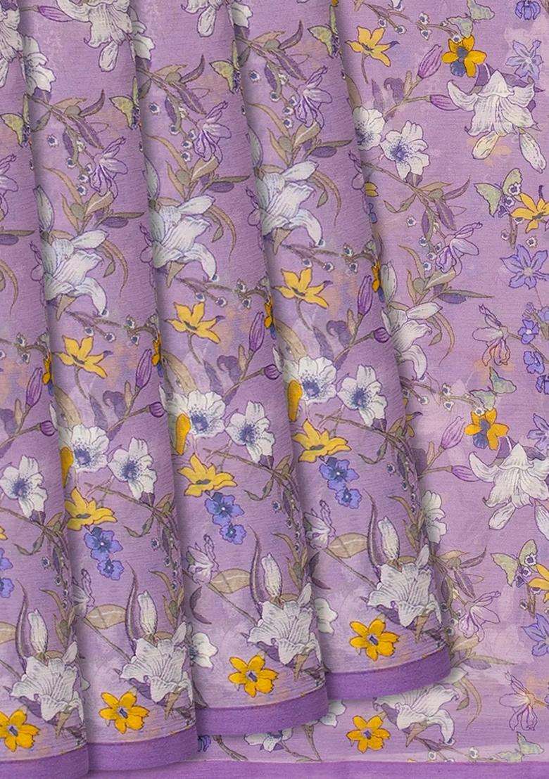 Lavender Woven Chiffon Silk Saree With Printed Floral Motifs Lavander For Women - Indya