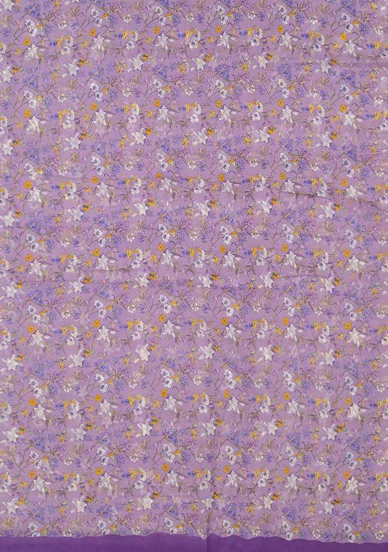 Lavender Woven Chiffon Silk Saree With Printed Floral Motifs Lavander For Women - Indya