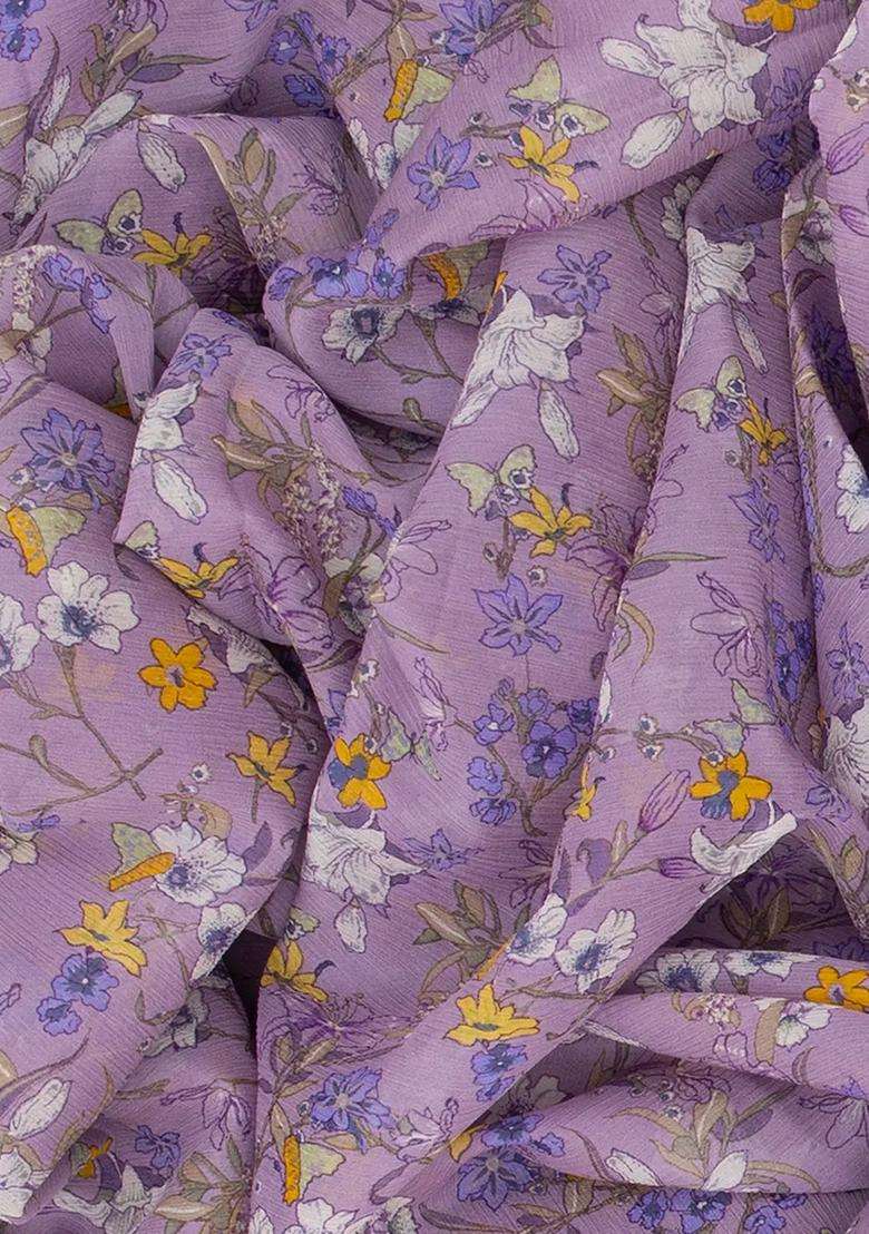 Lavender Woven Chiffon Silk Saree With Printed Floral Motifs Lavander For Women - Indya