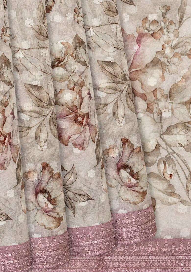 Off White Printed Organza Silk Saree With Floral Motifs Off White For Women - Indya
