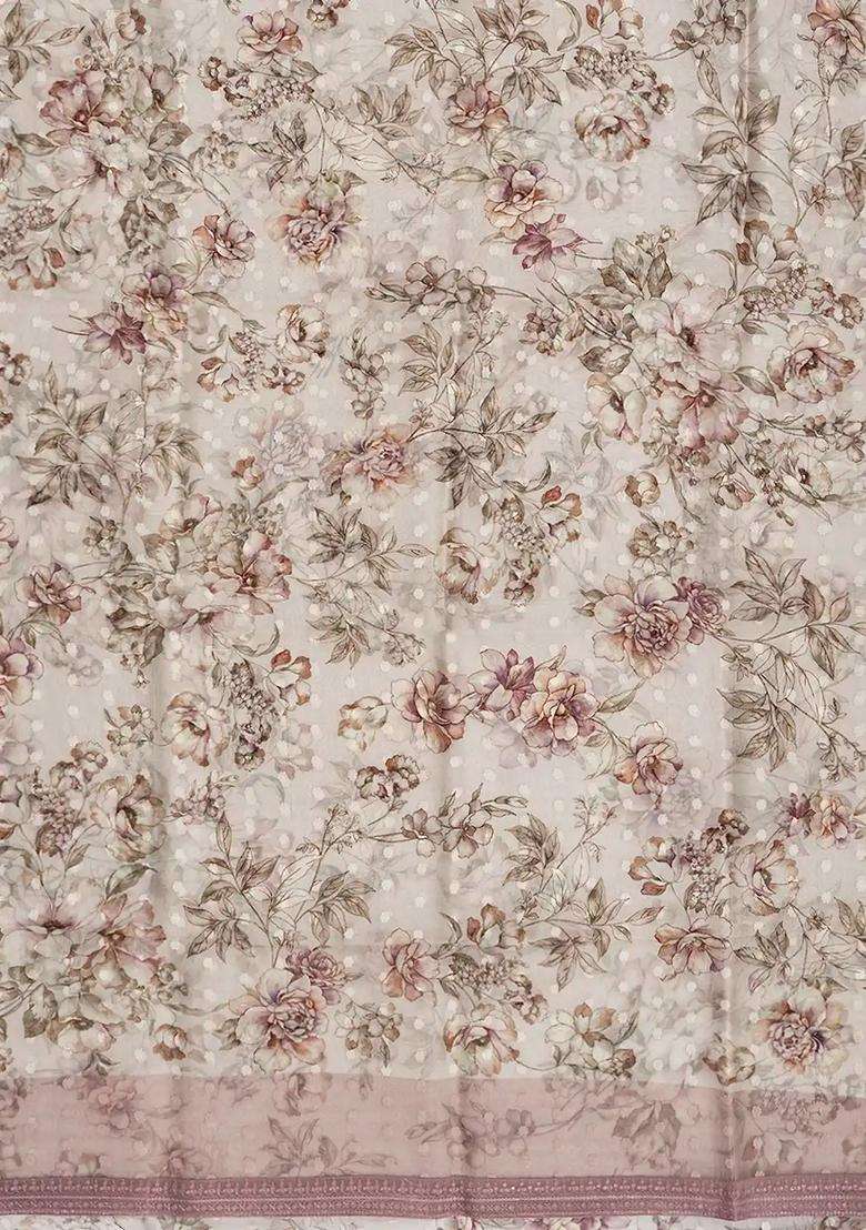 Off White Printed Organza Silk Saree With Floral Motifs Off White For Women - Indya