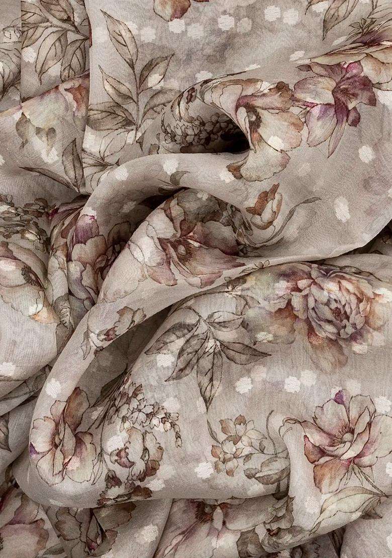 Off White Printed Organza Silk Saree With Floral Motifs Off White For Women - Indya