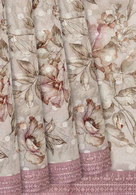 Off White Printed Organza Silk Saree With Floral Motifs Off White For Women