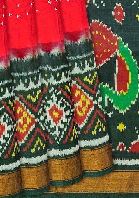Red Handwoven Bandhani Silk Saree With Diamond Motifs Red With Printed Design For Women