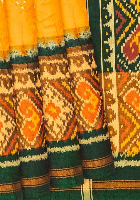 Mango Yellow Handwoven Bandhani Silk Saree With Diamond Motifs Mango Yellow With Printed Design For Women
