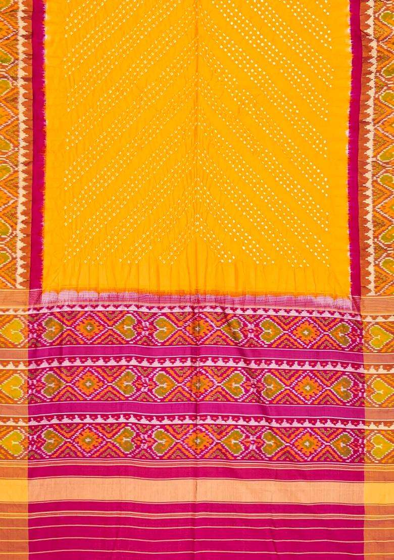 Yellow Handwoven Bandhani Silk Saree With Chevron Motifs Yellow With Printed Design For Women - Indya