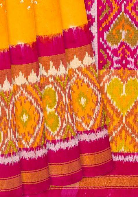 Yellow Handwoven Bandhani Silk Saree With Chevron Motifs Yellow With Printed Design For Women