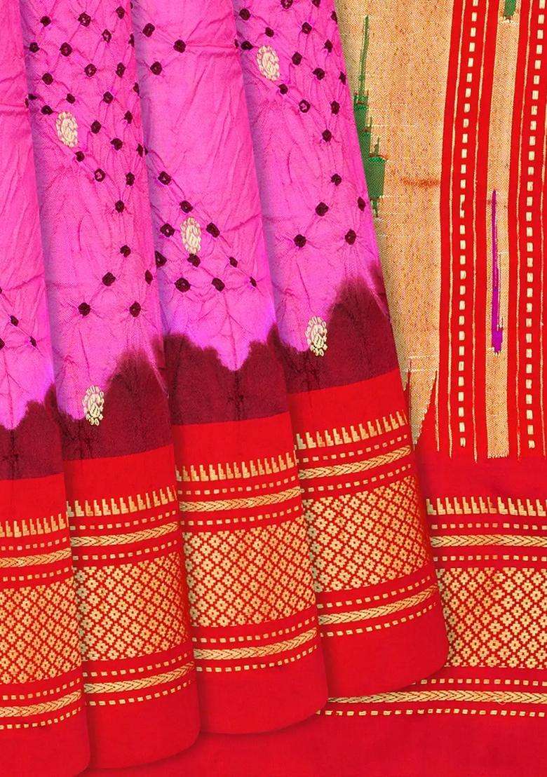 Hot Pink Handwoven Bandhani Silk Saree With Paithani Pallu Hot Pink With Printed Design For Women - Indya