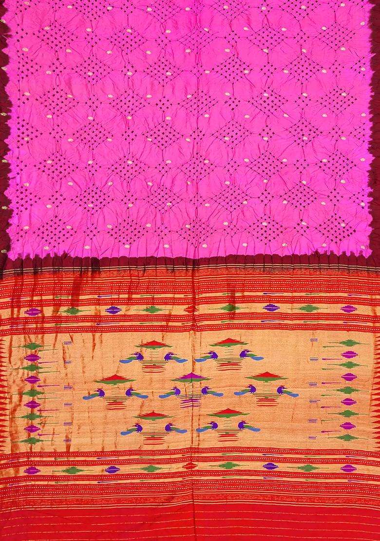 Hot Pink Handwoven Bandhani Silk Saree With Paithani Pallu Hot Pink With Printed Design For Women - Indya