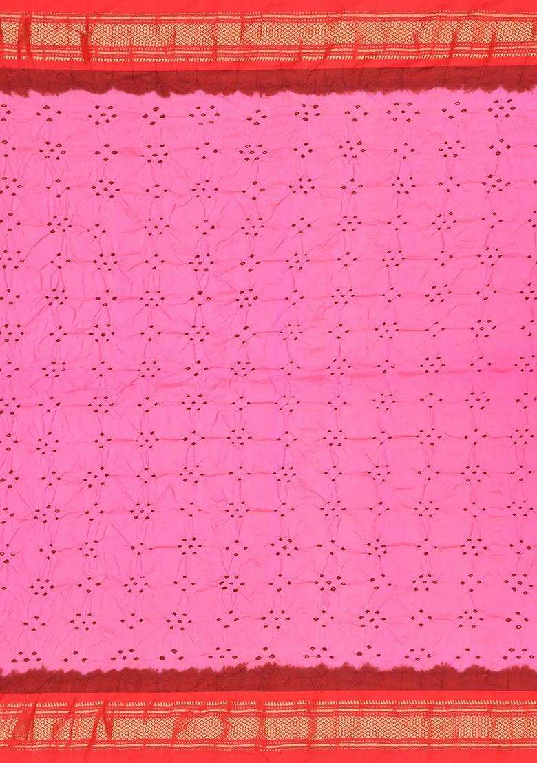 Hot Pink Handwoven Bandhani Silk Saree With Paithani Pallu Hot Pink With Printed Design For Women - Indya