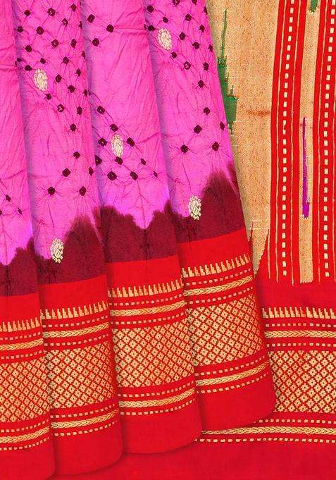 Hot Pink Handwoven Bandhani Silk Saree With Paithani Pallu Hot Pink With Printed Design For Women