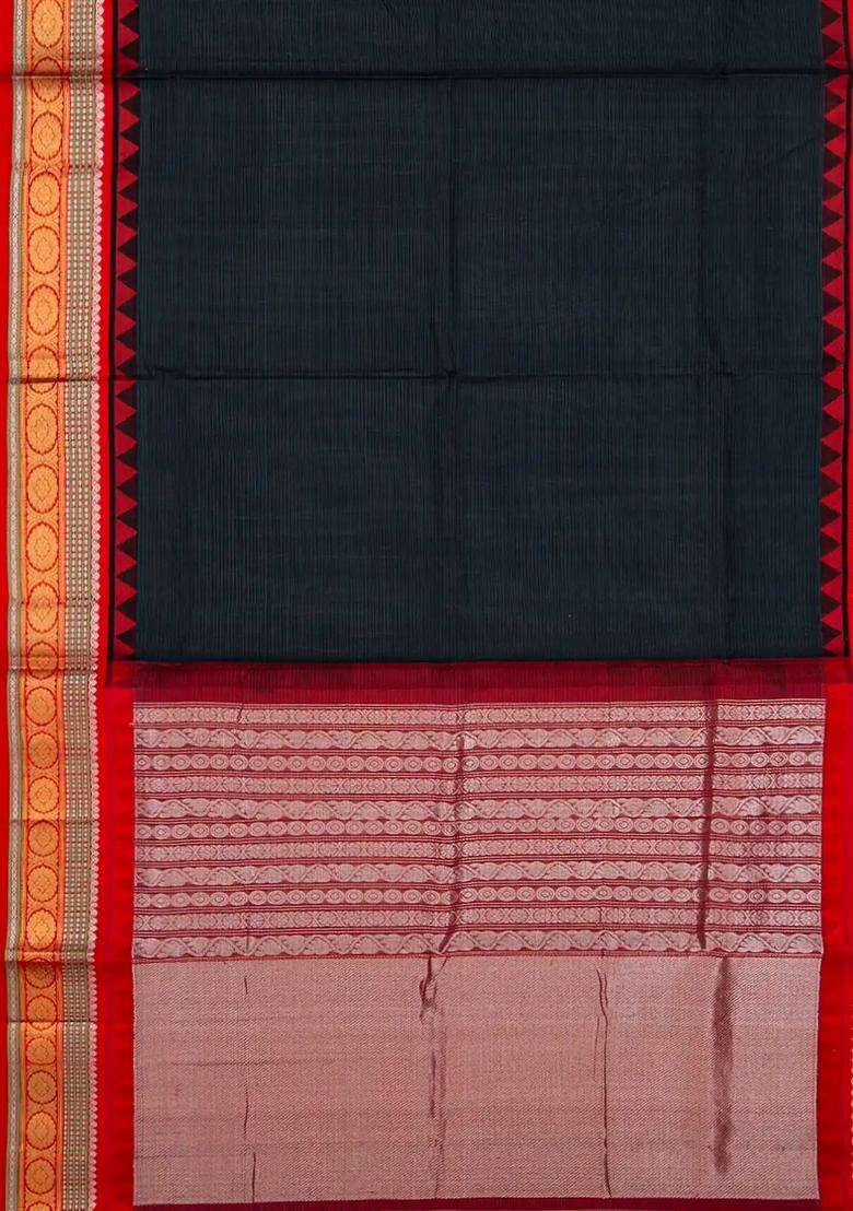 Black Handloom Chirala Soft Silk Saree With Red Border Black With Checks And Stripes Design For Women - Indya