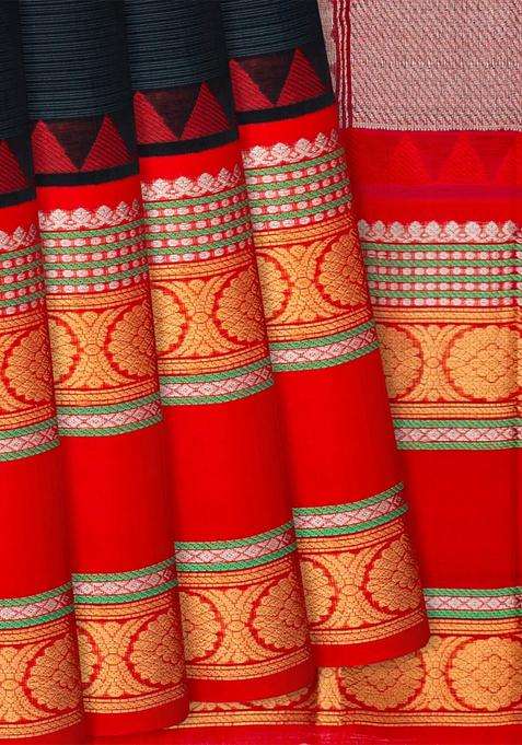 Black Handloom Chirala Soft Silk Saree With Red Border Black With Checks And Stripes Design For Women