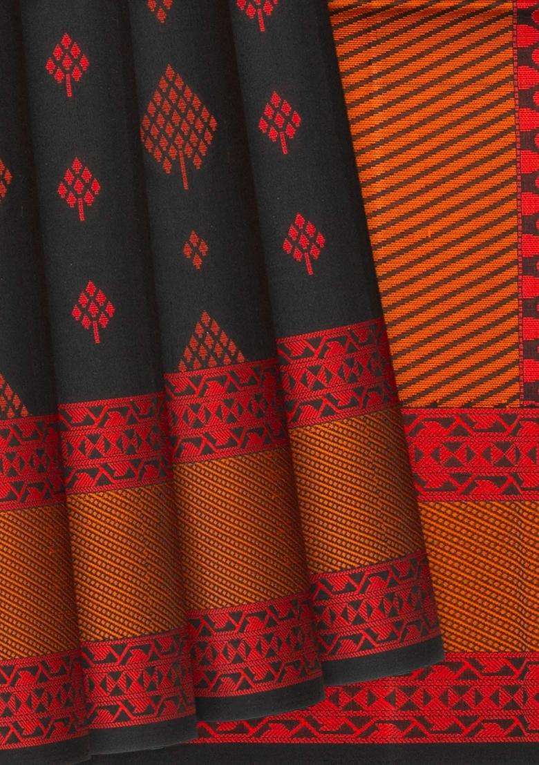 Black Handloom Soft Silk Saree With Geometric Floral Motifs Black With Buttas And Brocade Design For Women - Indya