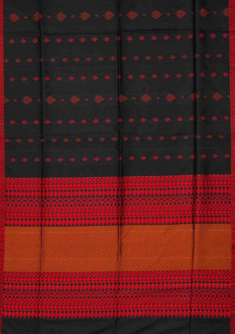 Black Handloom Soft Silk Saree With Geometric Floral Motifs Black With Buttas And Brocade Design For Women - Indya