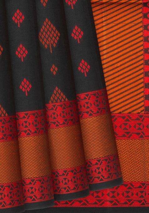 Black Handloom Soft Silk Saree With Geometric Floral Motifs Black With Buttas And Brocade Design For Women